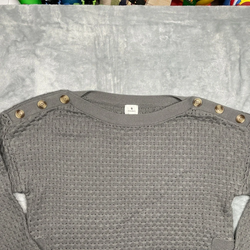 Dressbarn Sweater Womens Medium Gray Button Shoulder Basketweave Knit Pullover